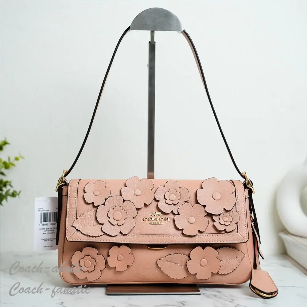 Coach CDY43 Etta Small Flap Shoulder Bag with Floral Applique Light Pink