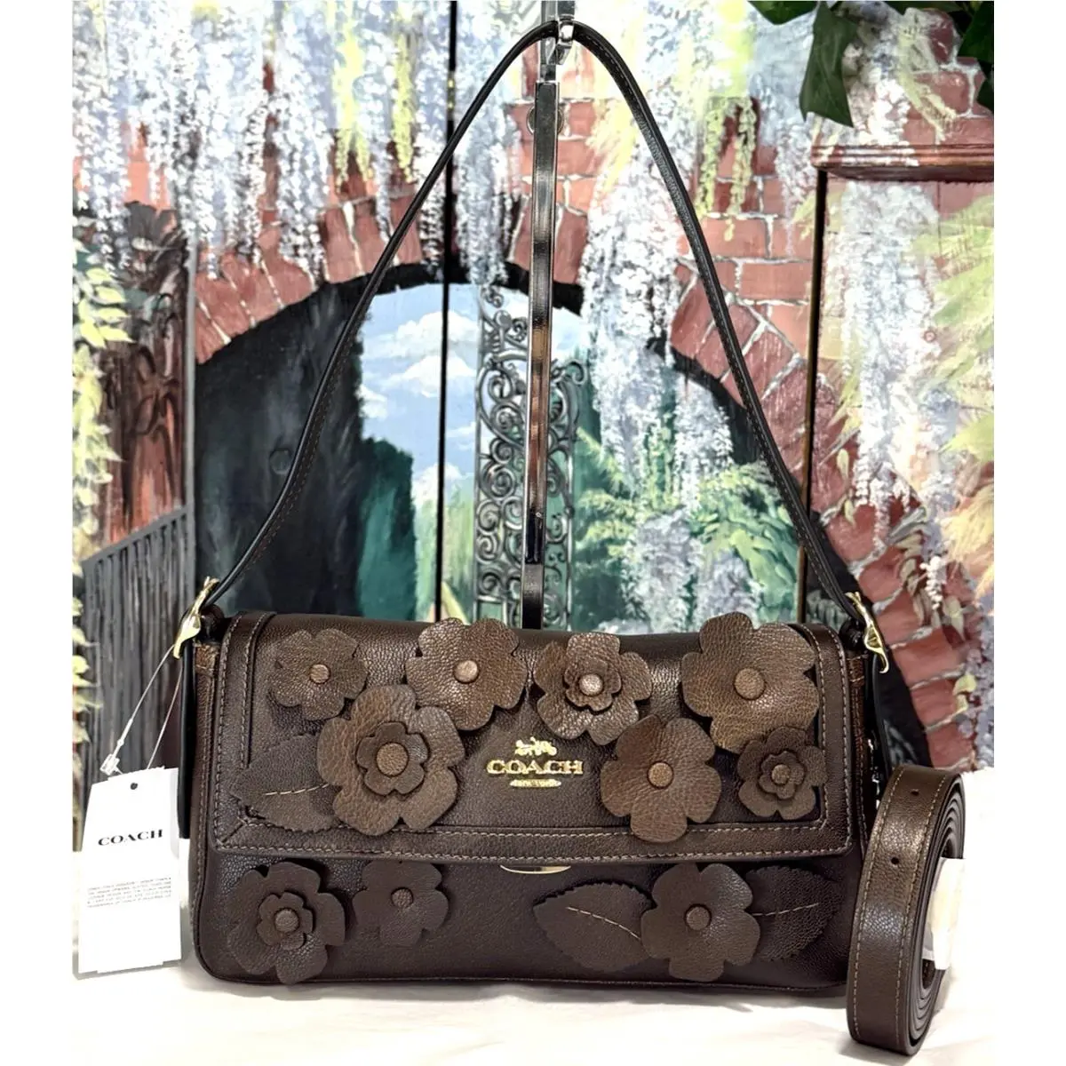 Etta Sm Flap Shoulder Bag Floral Applique CDY43 In Maple Brown Leather by Coach