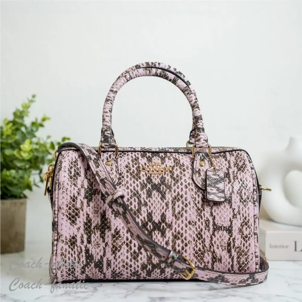 CDW49 Rowan Satchel Bag Snake Embossed Leather/gold/pink by Coach