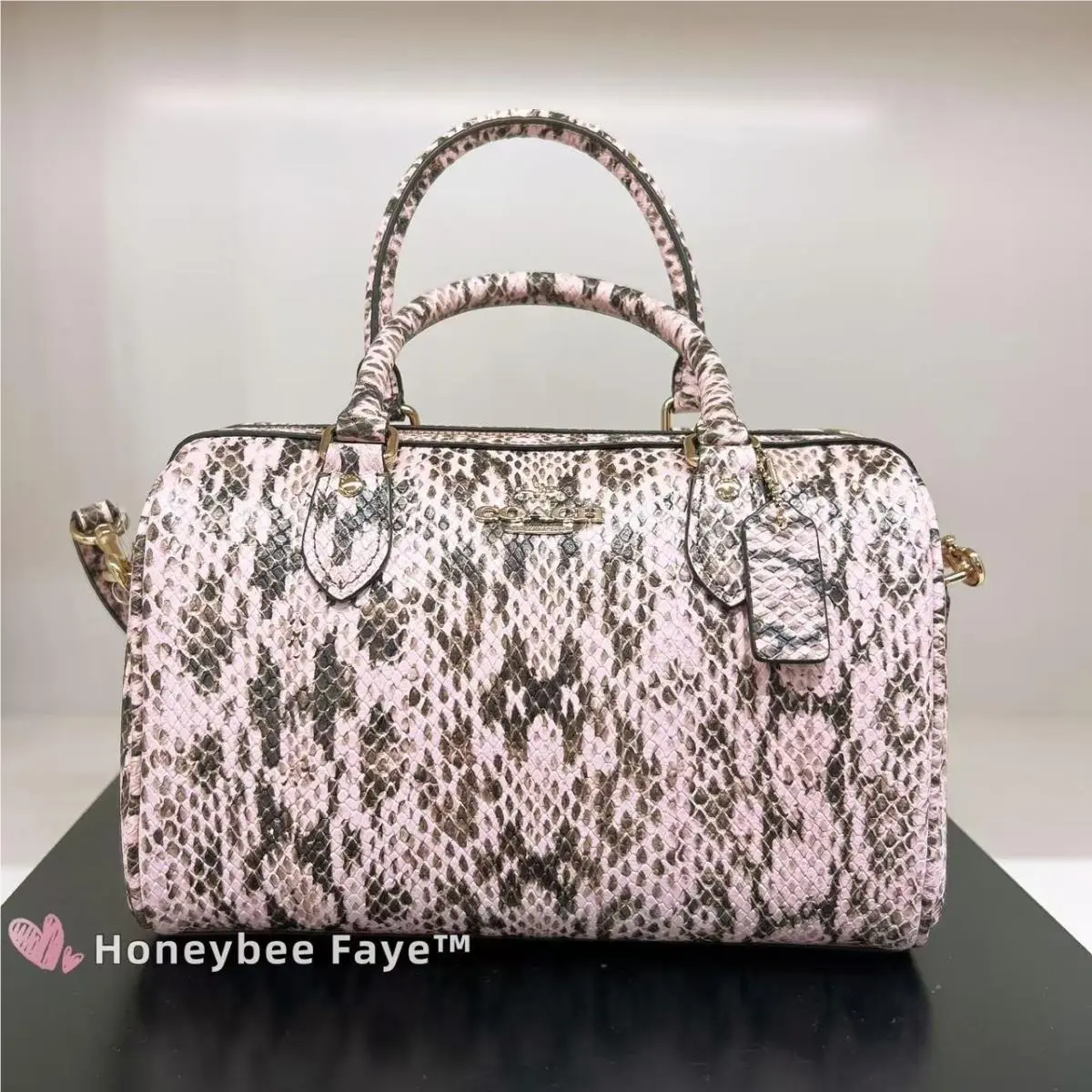 Coach Rowan Satchel Bag CDW49 Snake Embossed Leather/gold/pink