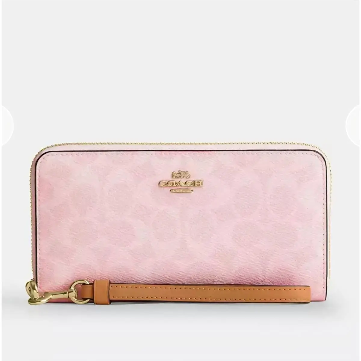Coach Long Zip Around Wallet in Signature Canvas Leather CEC20 Powder Pink