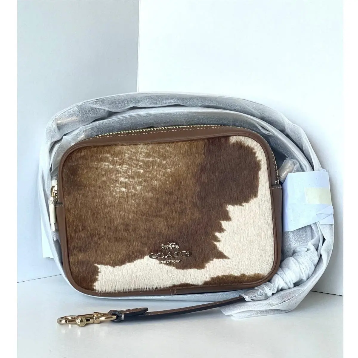 Coach Mini Cary Crossbody Bag CEK71 Haircalf Cow Print Brown Leather - A