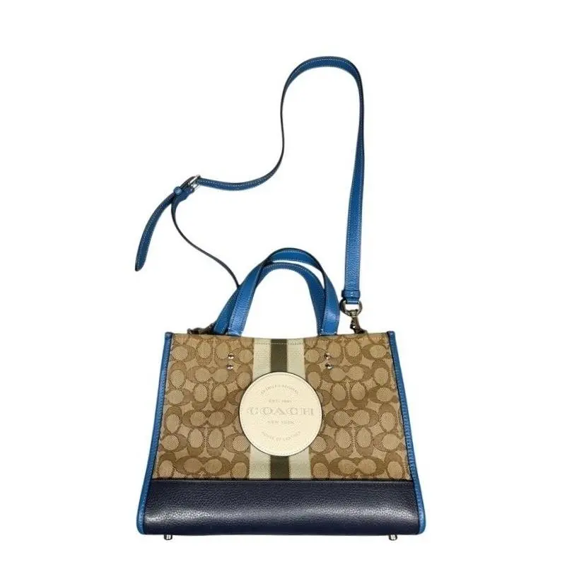 Coach Dempsey Tote 22 Signature Canvas Varsity Stripe Blue Khaki