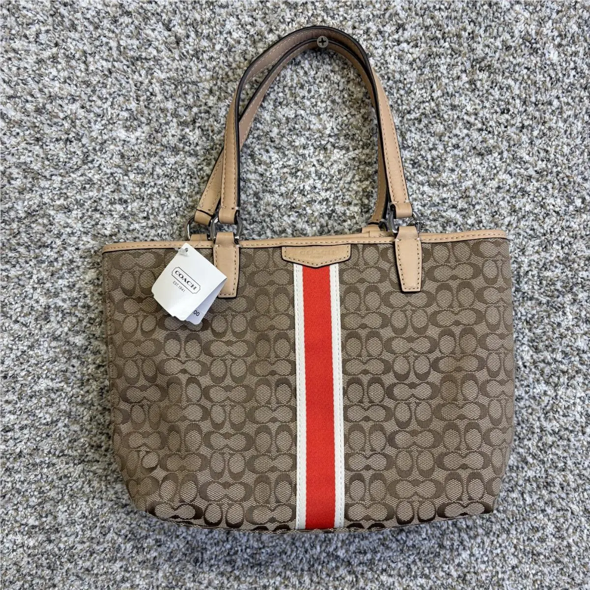 Coach Tote Bag Womens Medium Khaki Signature C Stripe Jacquard Leather Trim
