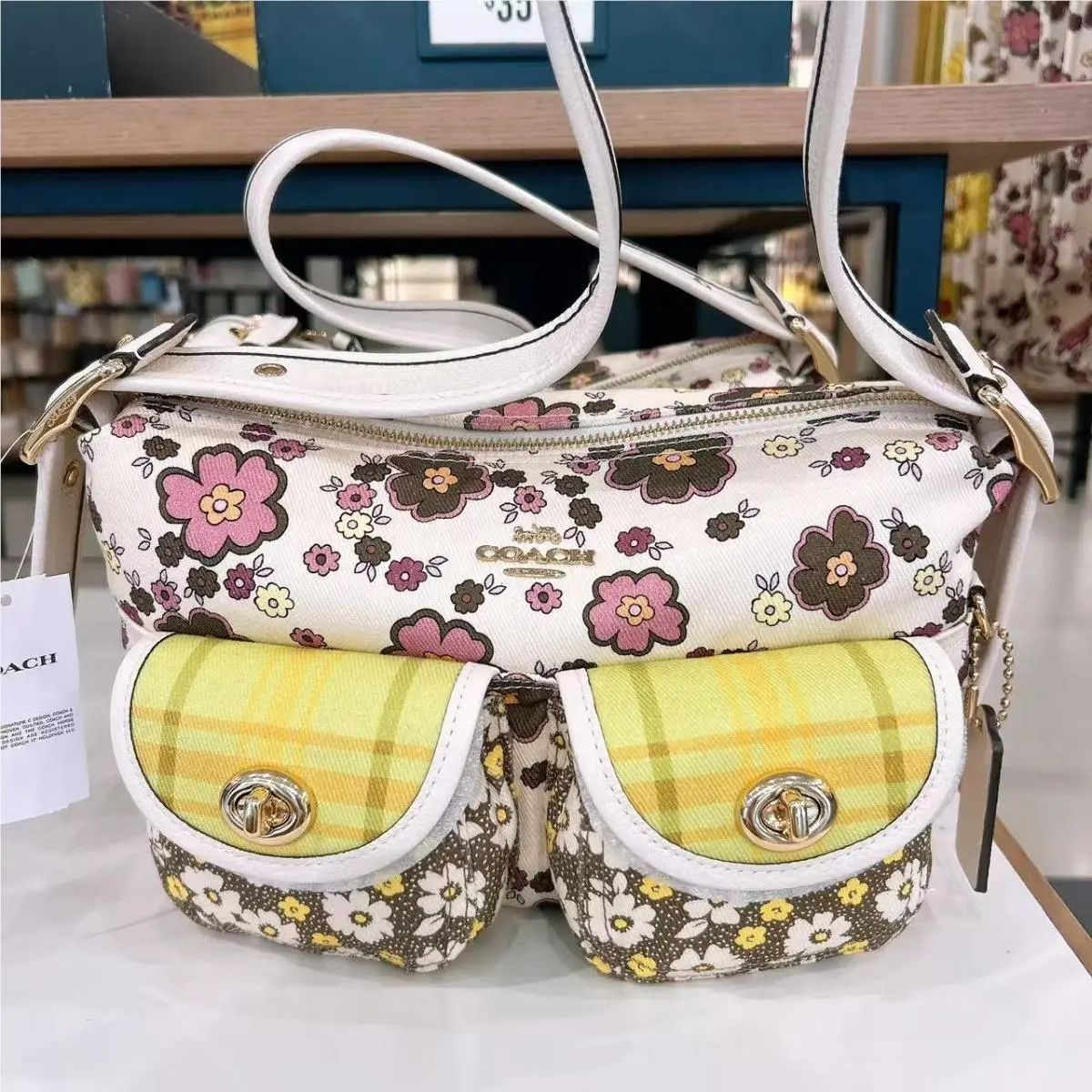 Coach Cargo Shoulder Bag with Floral Print CDW55 Chalk/daisy