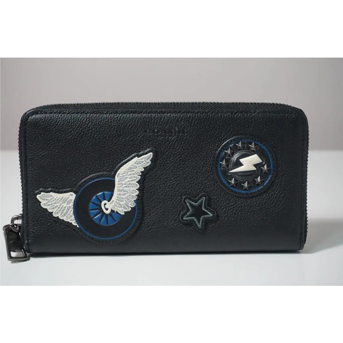 Coach Unisex Smooth Leather Black Accordion Wallet with Varsity Patches F86765