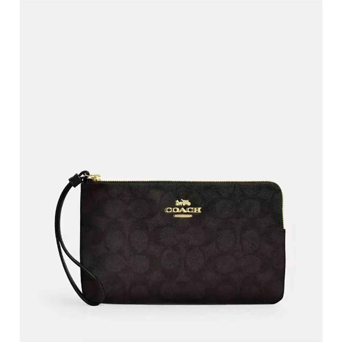 Coach Large Corner Zip Wristlet Signature Canvas CZ277 Gold Walnut Black Bag