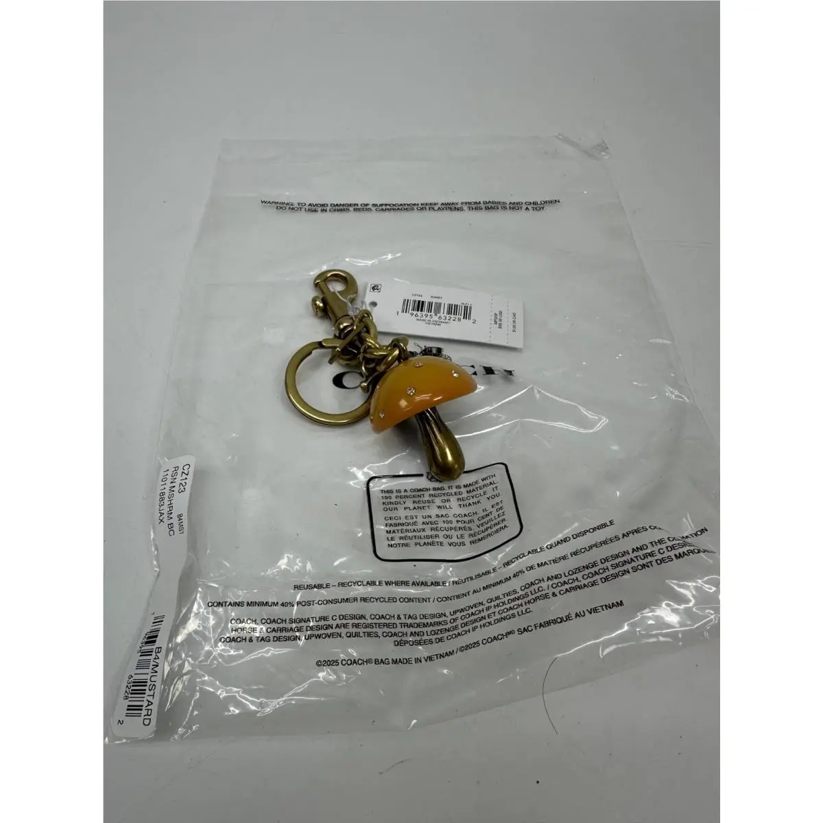 Coach 3D Mushroom Bag Charm Keychain Key Fob Brass / Mustard Yellow CZ123