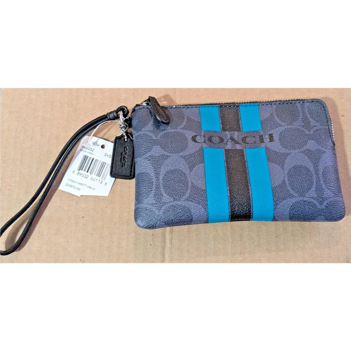 Coach Varsity Teal Striped Denim Black Pvc Small Wallet Wristlet F66052 Y2K