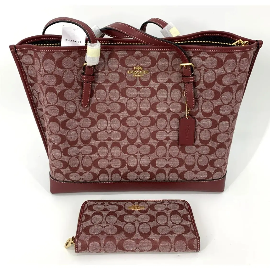 Coach Mollie Wine Signature Denim Chambray Tote Bag Wallet Burgundy CH227