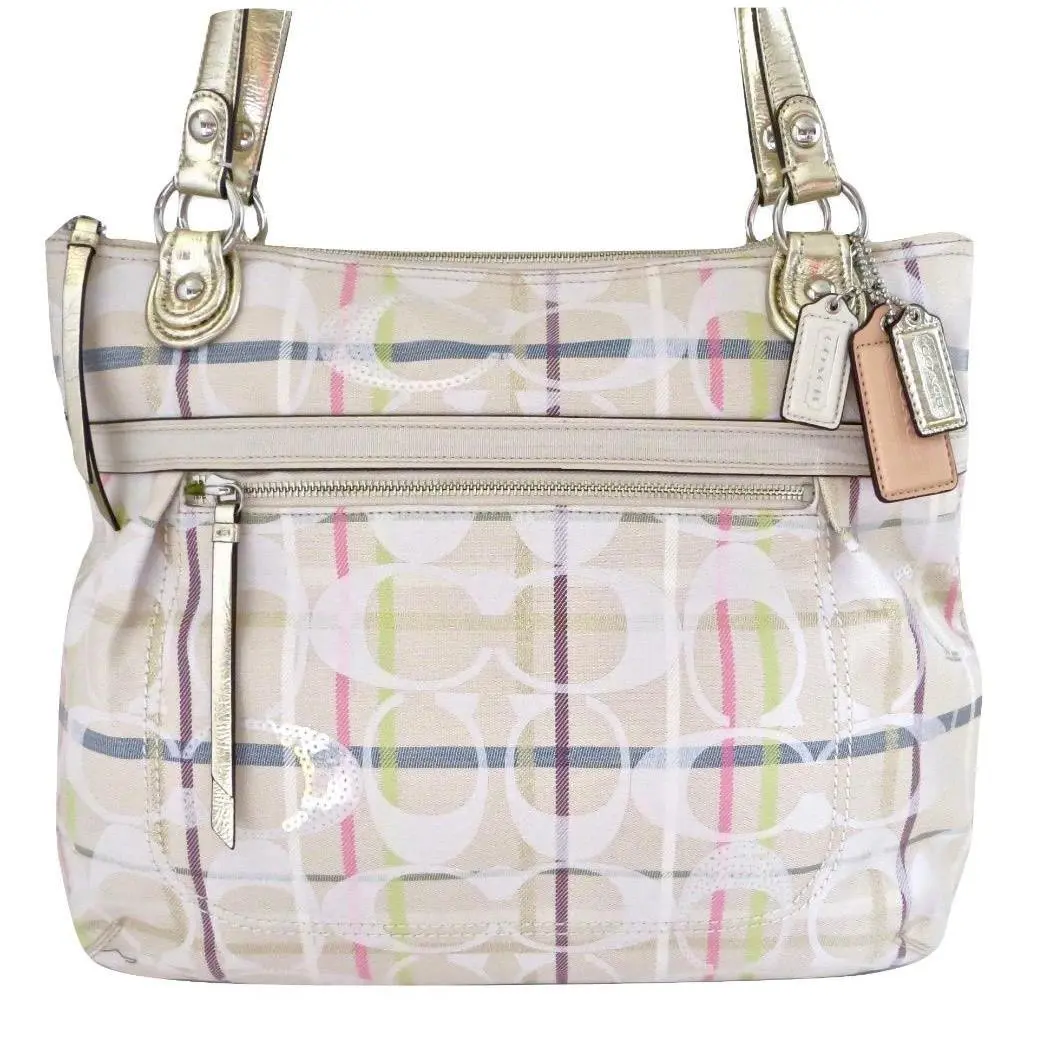 Coach Poppy Signature Ivory Gold Tattersall Sequined Glam Tote Purse