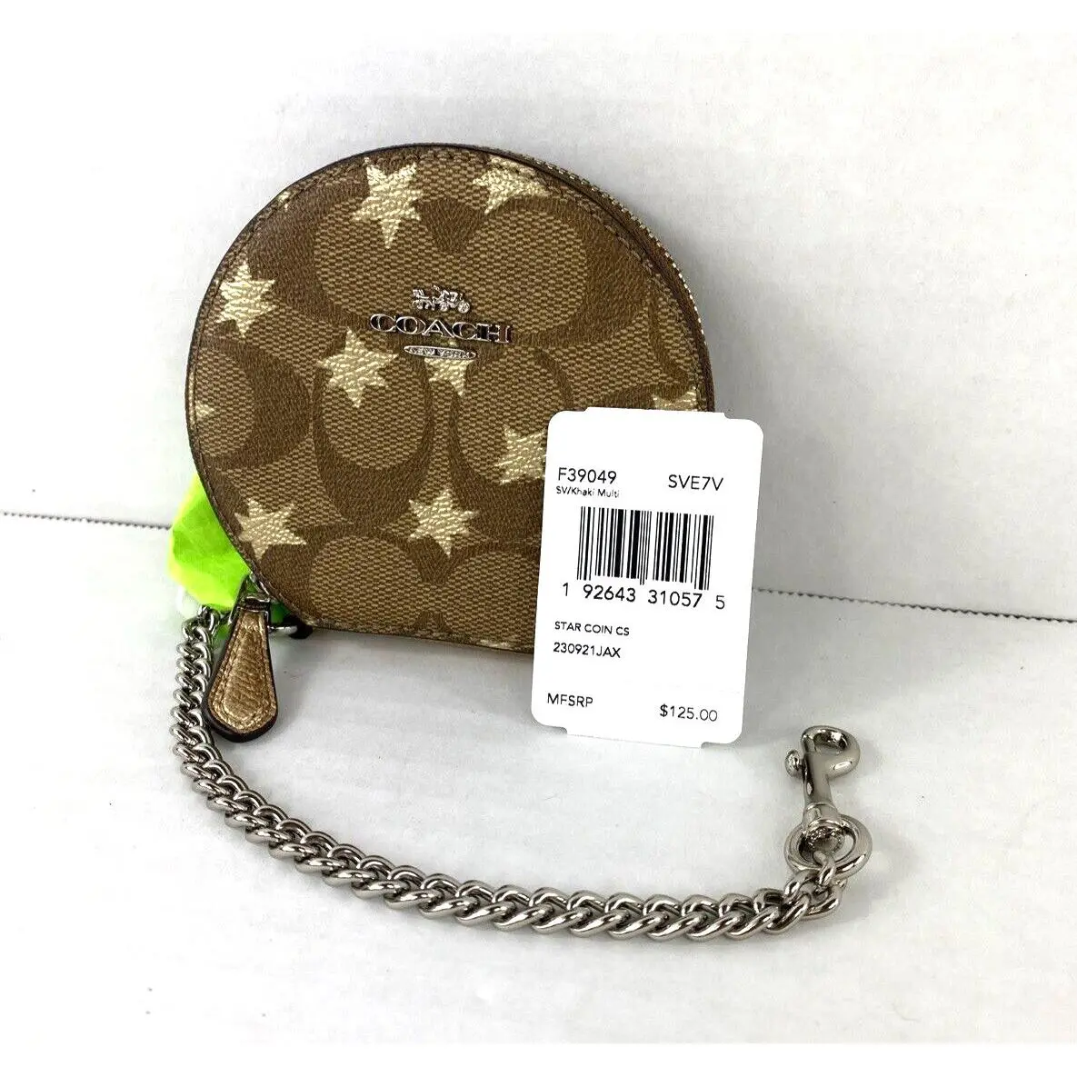 Coach Round Coin Case Gold Stars Coated Canvas Brown Silver F39049 W10