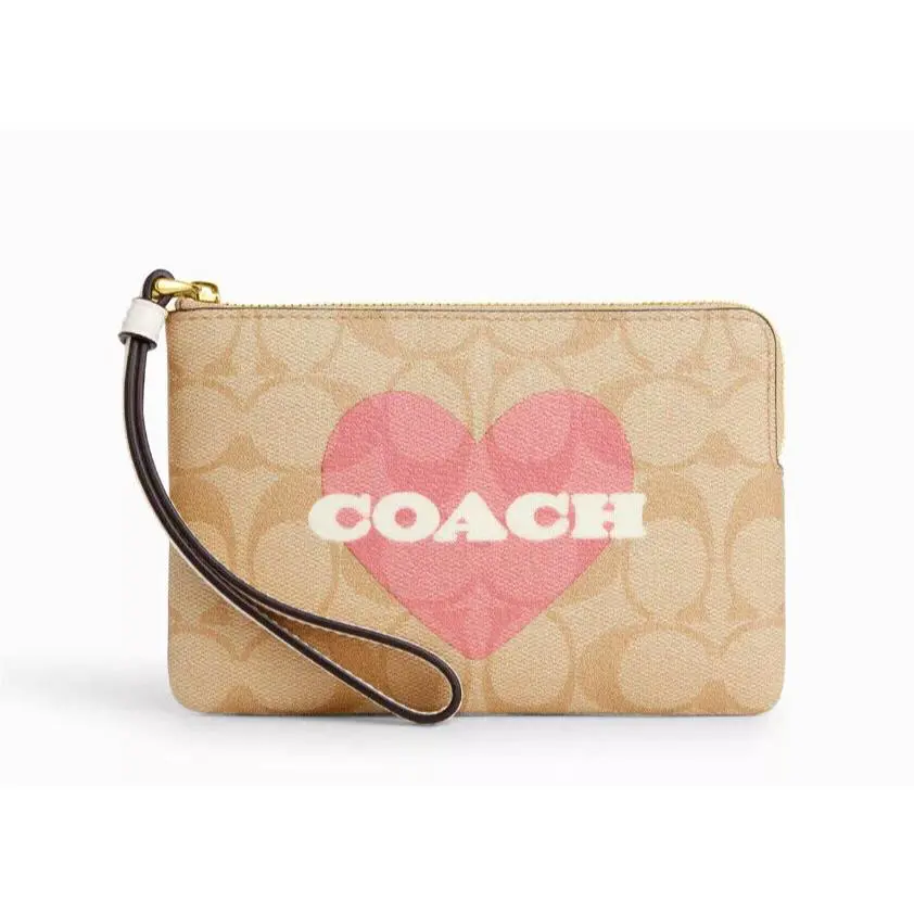 Coach Corner Zip Wristlet Signature Canvas W/heart Print CP436