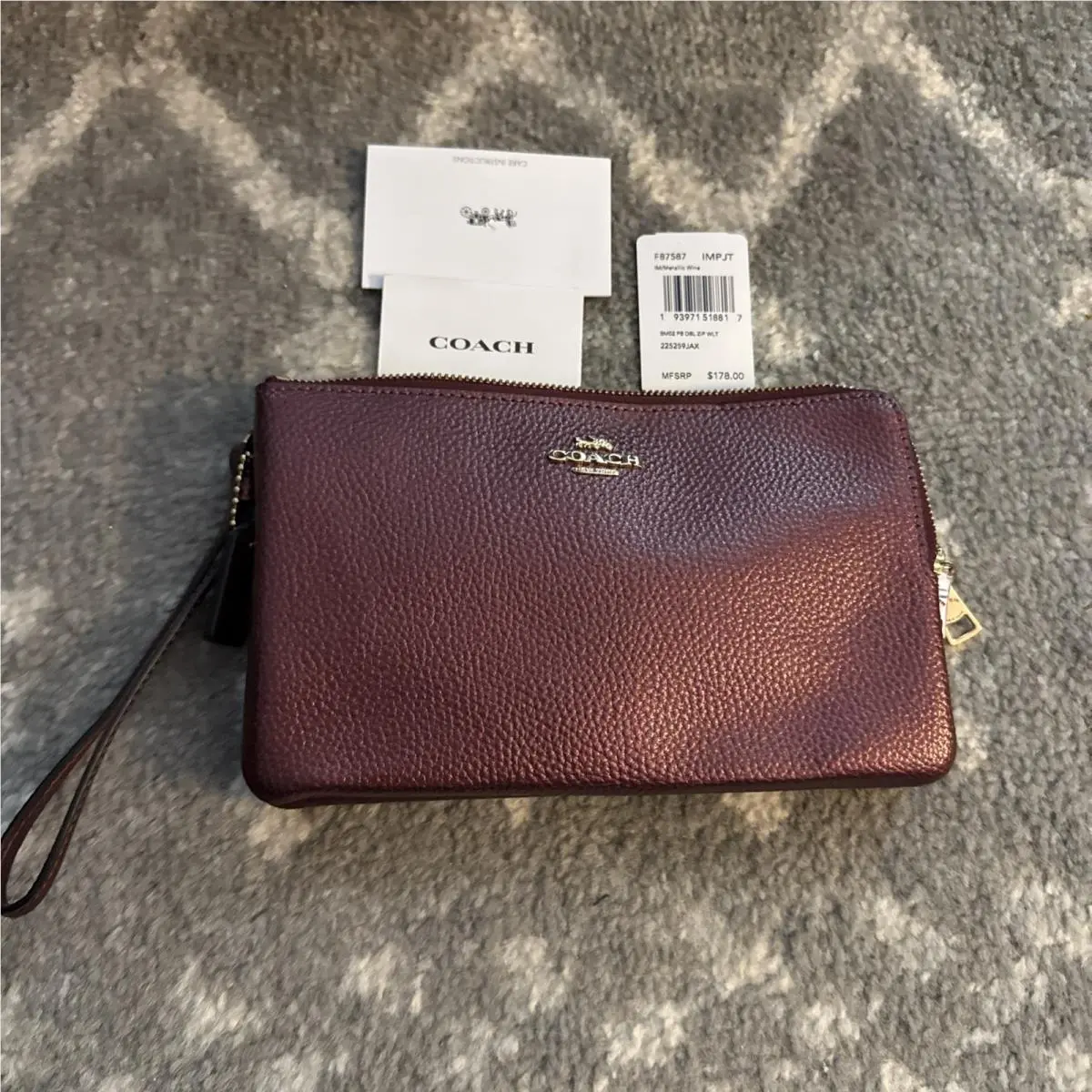 Coach Pebbled Leather Double Zip Wristlet Wallet in Metallic Wine F87587