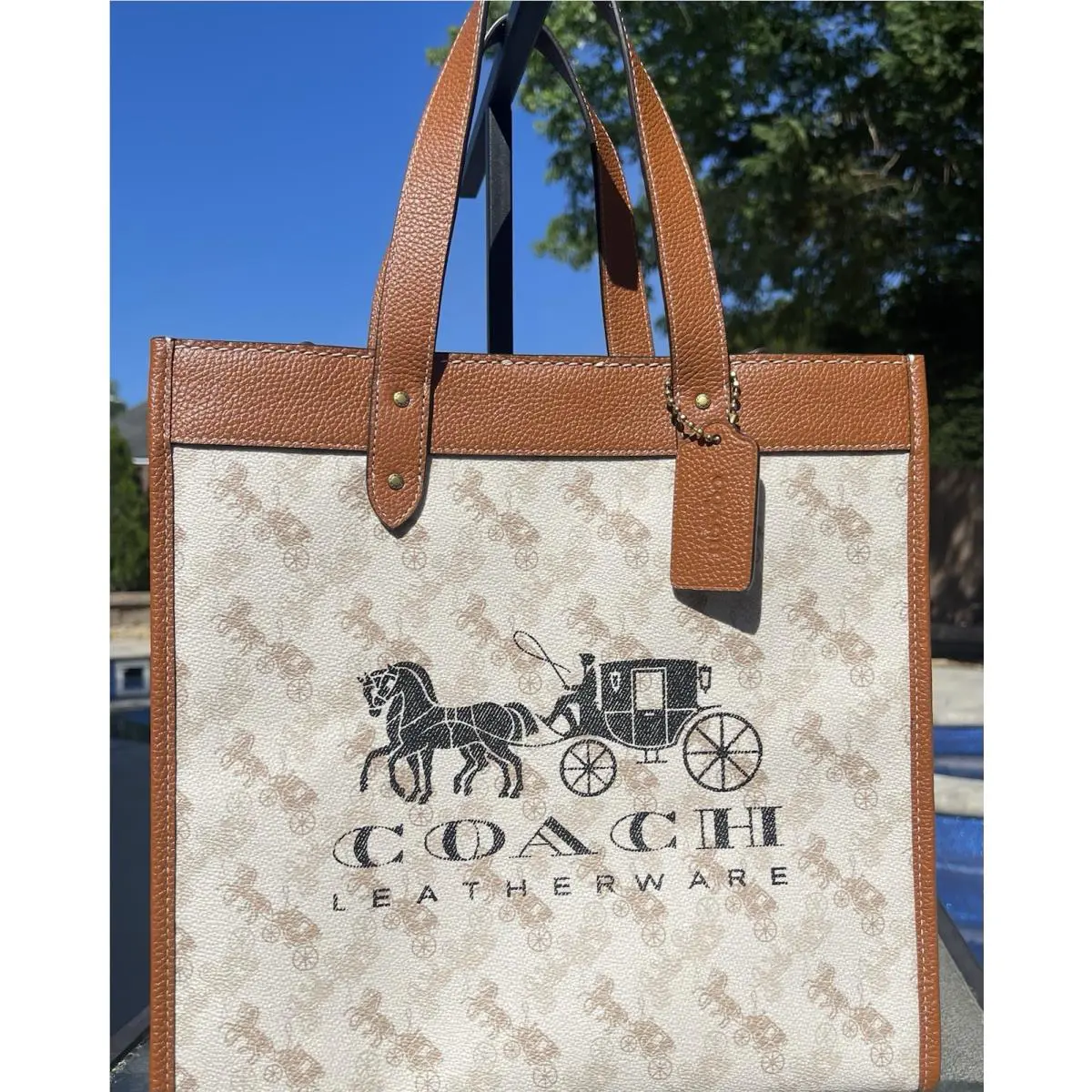 Coach H C Signature Coated Canvas 2-Way Field Tote Chalk Burnished Amber