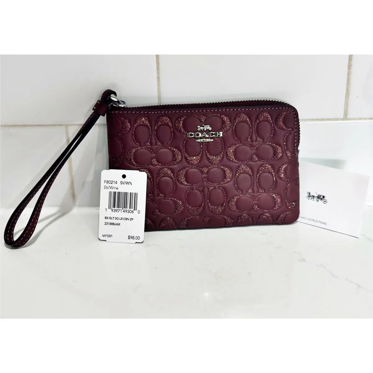 Coach Poppy Wristlet F80214 Sparkle Burgundy Wine Leather Embossed Monogram