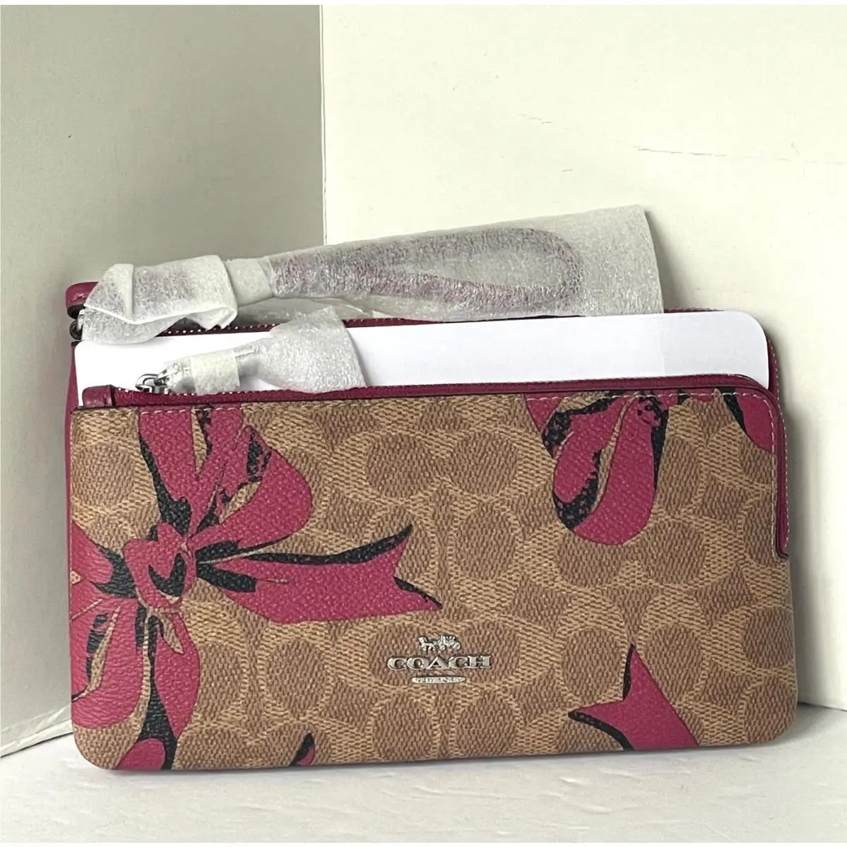 Coach CAA84 Double Zip Phone Wallet Red Bow Signature Canvas Wristlet