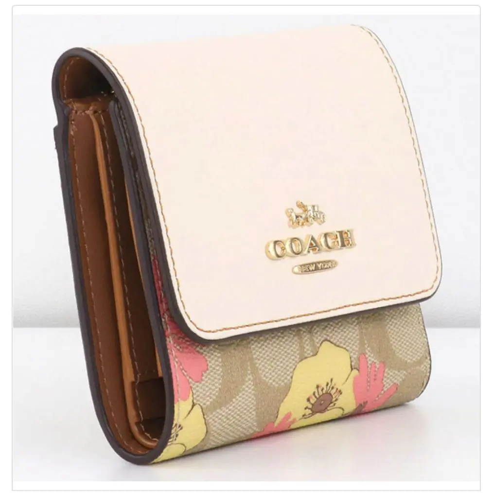 Coach CH719 Small Trifold Wallet Signature Canvas Floral Cluster Light Khaki