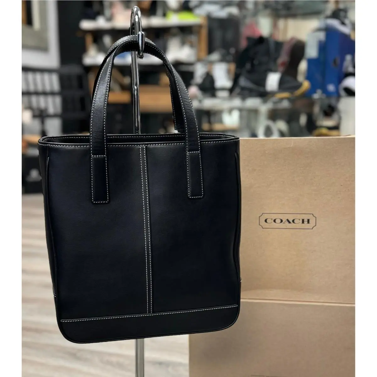 Coach Vintage Hampton Black Leather Tote White Stitch Lunch Bag 7787 W/tags