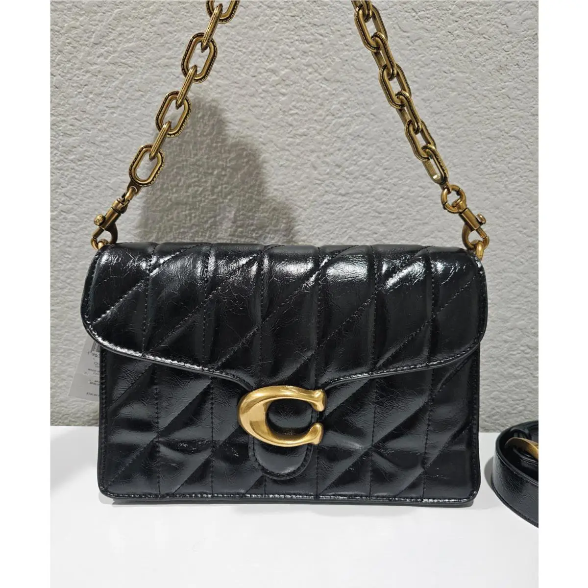 Coach CAF55 Chain Tabby Shoulder Bag with Quilting Smooth Black Leather