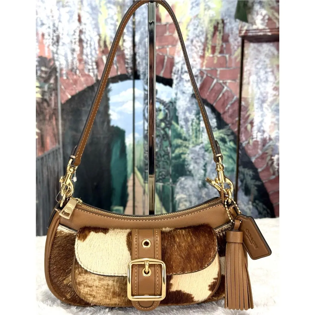 CDX79 Ashton Mini Shoulder X-body Bag Haircalf with Cow Print In Brown by Coach