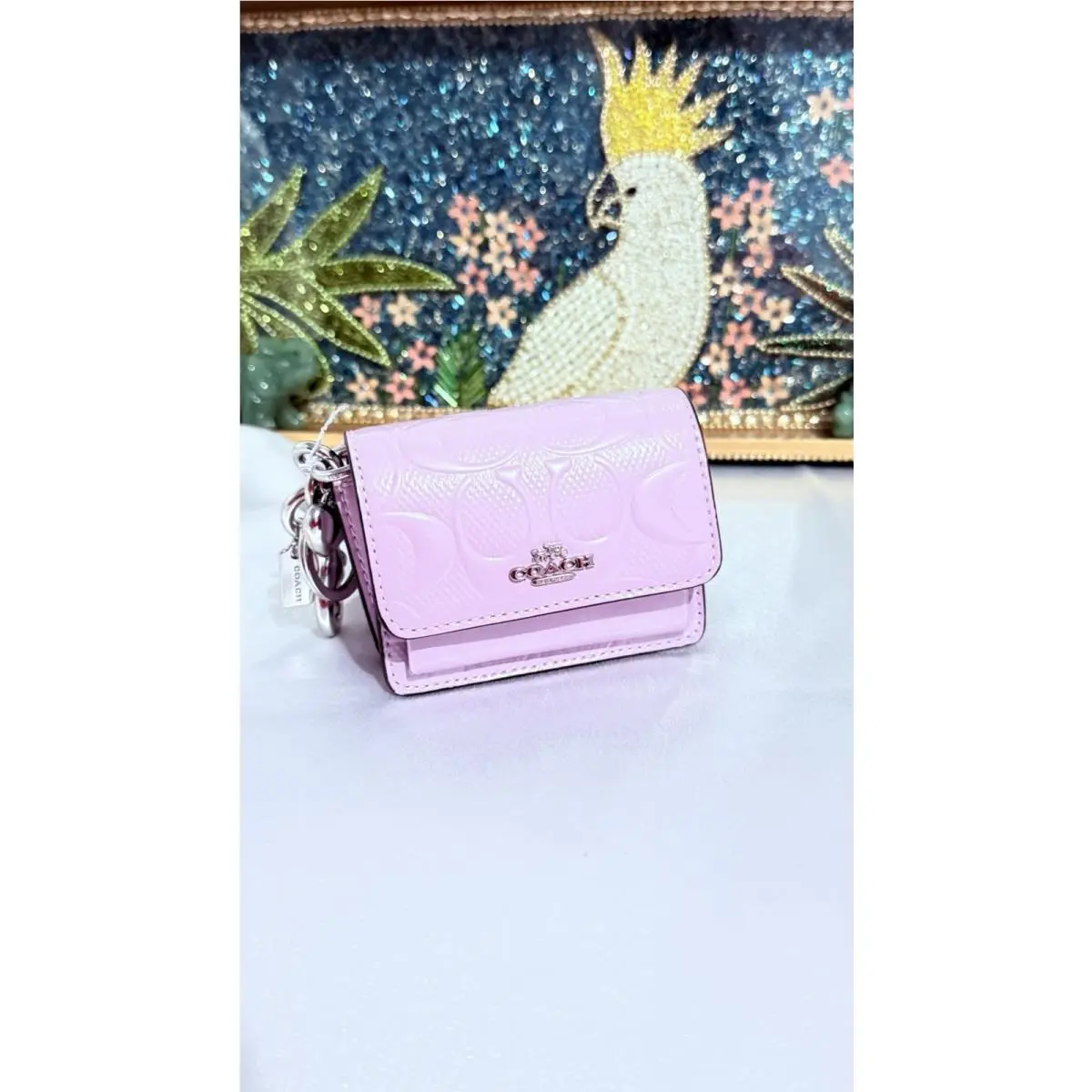 Coach Klare Bag Charm Signature Patent Leather Heart Key Coin Charm Purple