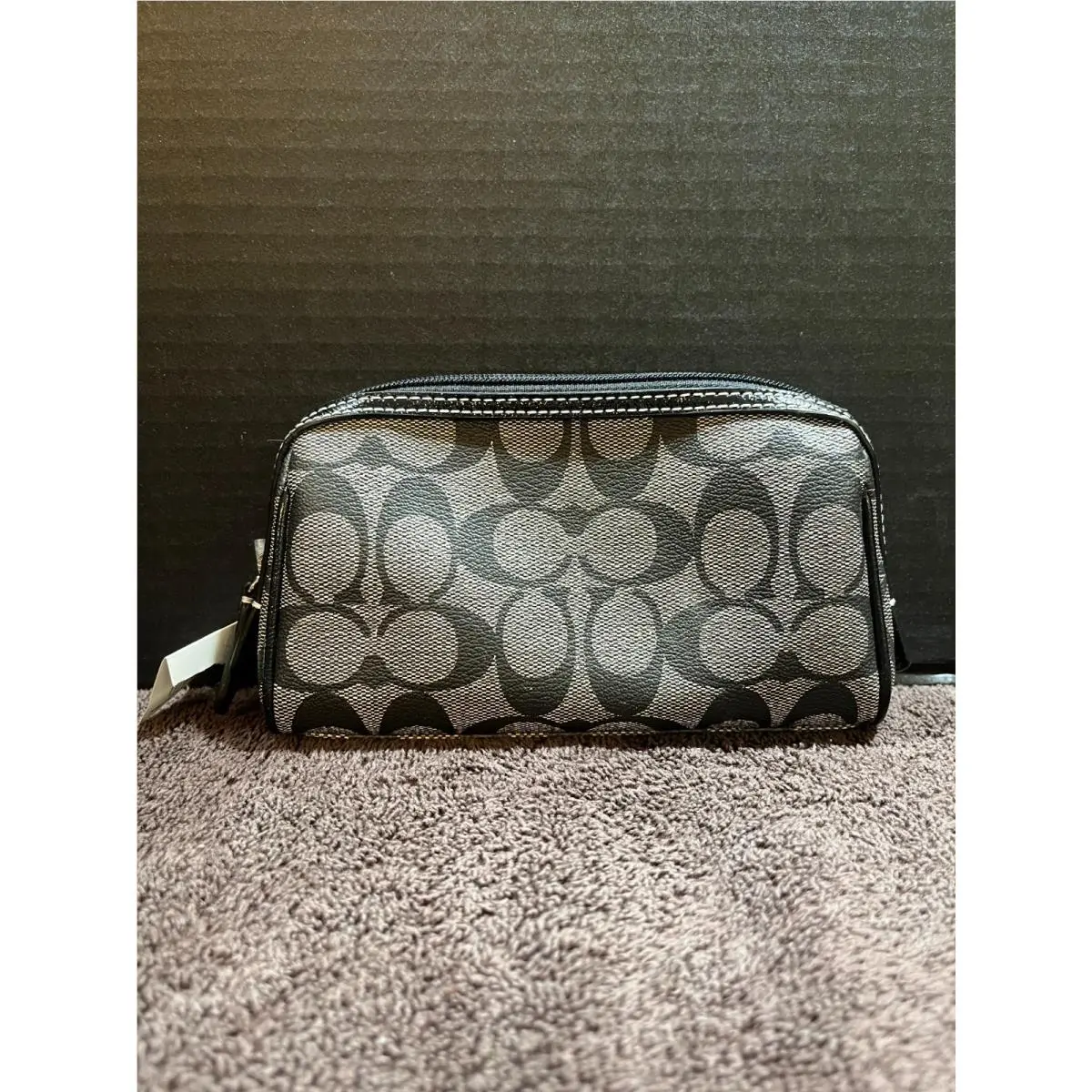 Coach F4335 Sv/black White/black Signature Zip Make Up Bag