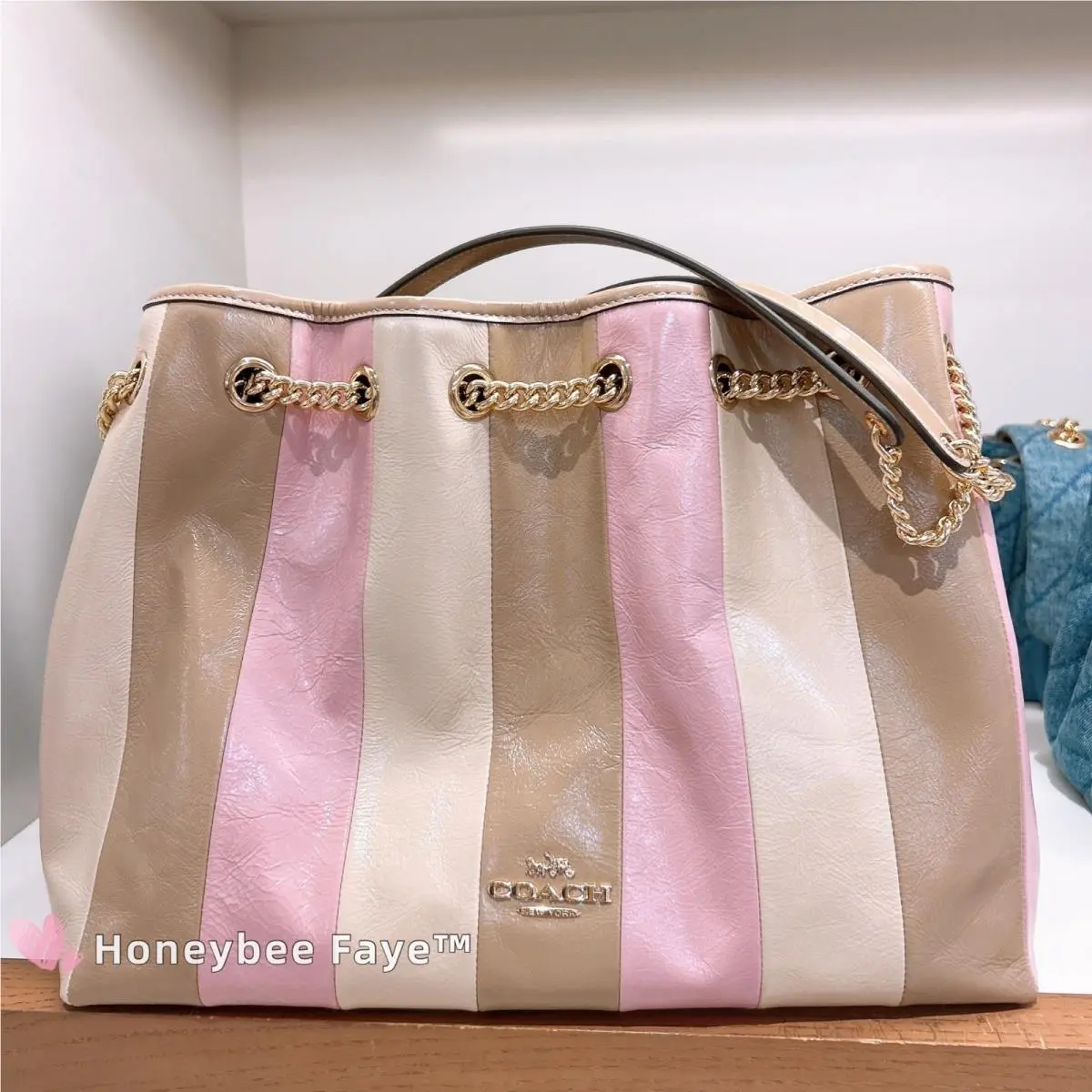 Coach Evelyn Shoulder Bag with Striped Patchwork CDW41 Taupe Multi