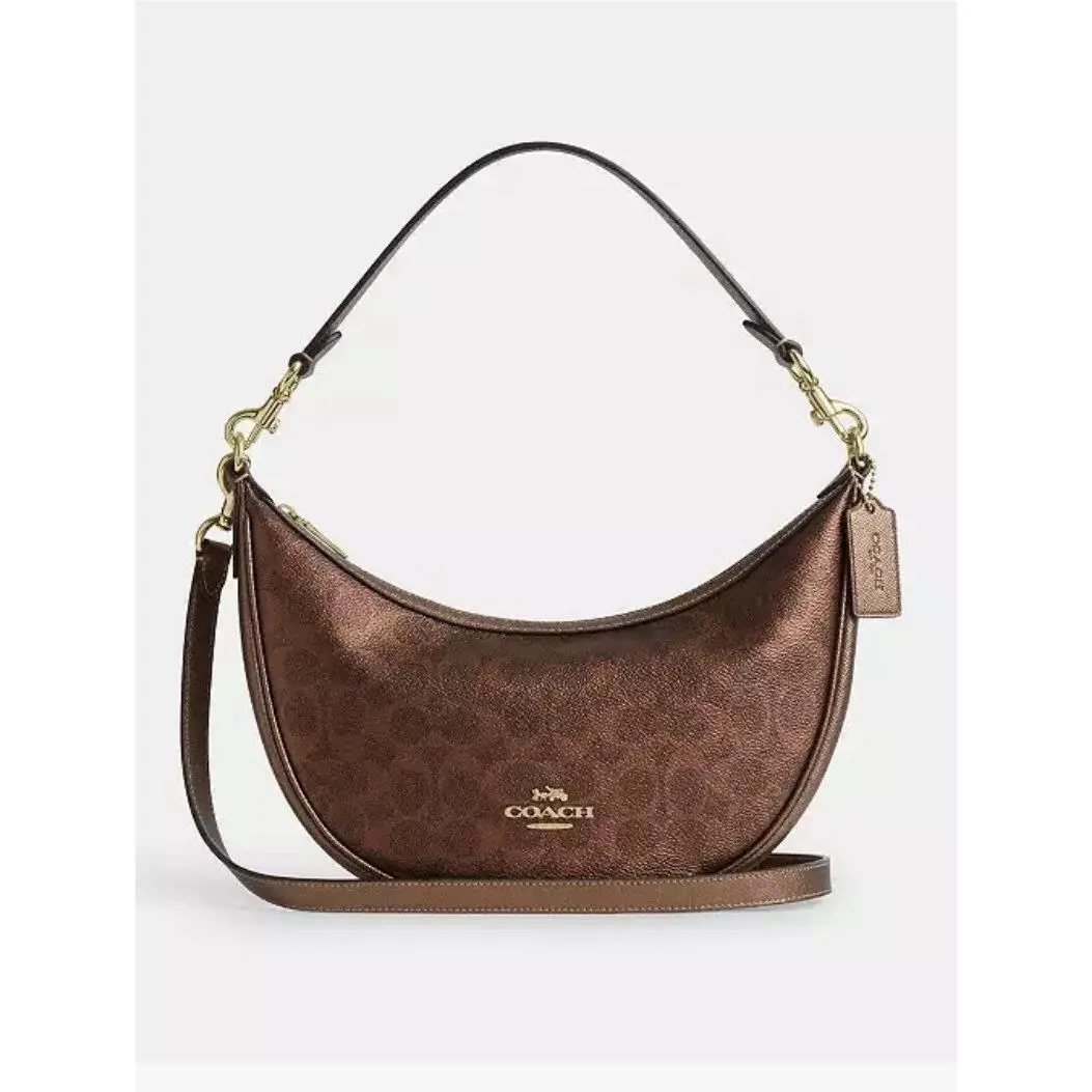 Coach Aria Shoulder Bag CCL27 Signature Jacquard Canvas Brown Copper Metallic
