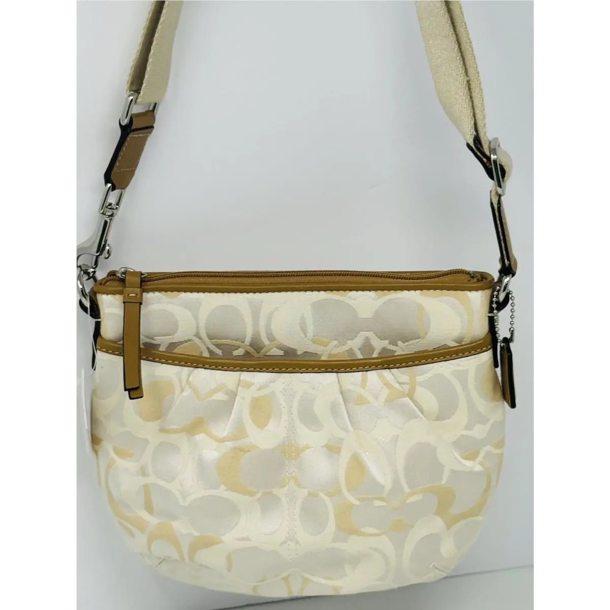 Coach Canvas Optic Signature Pleated Swingpack Crossbody White Khaki