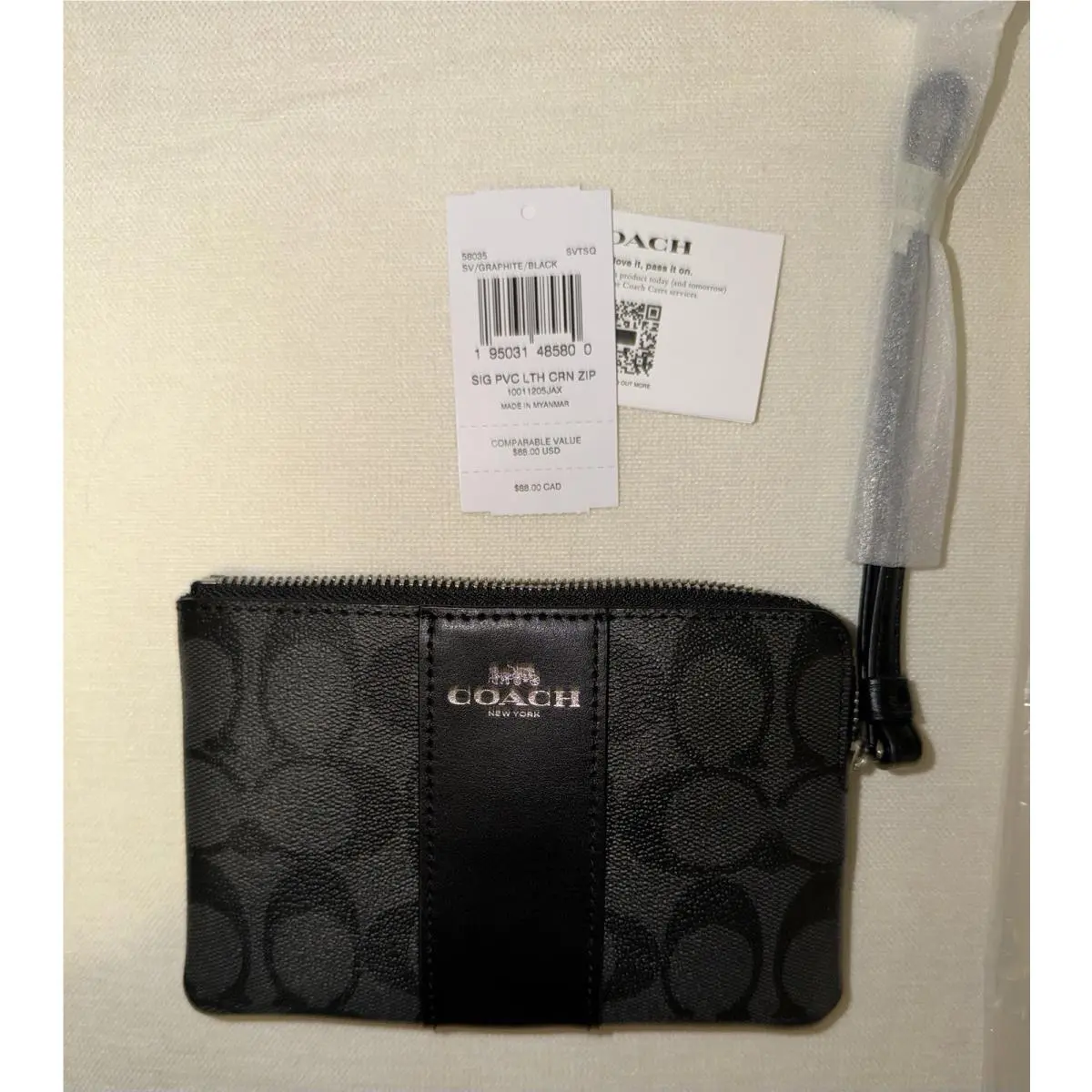 Coach Graphite/black/silver Signature Pvc Leather Corner Zip Wristlet