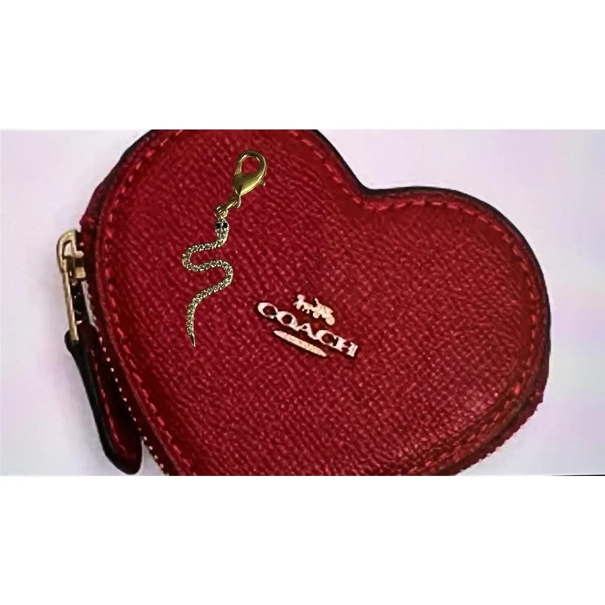 Coach Dark Ruby Red Heart Pouch Bag Charm Coin Case + Snake Charm