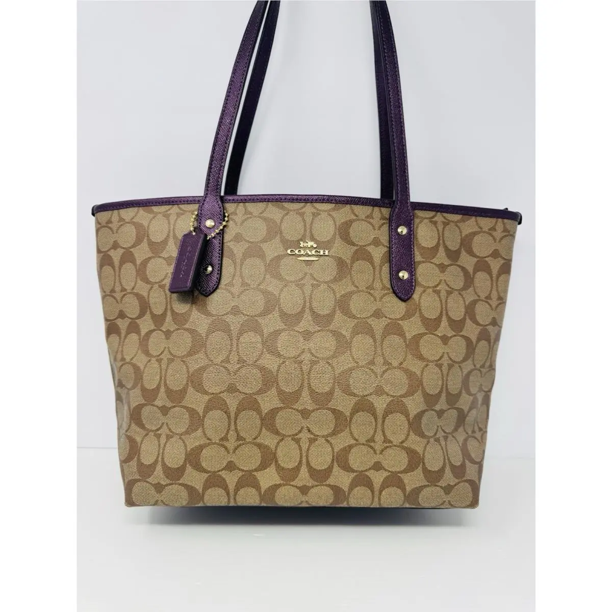 Coach Khaki Metallic Raspberry Trim Signature City Zip Tote Carry All F39523