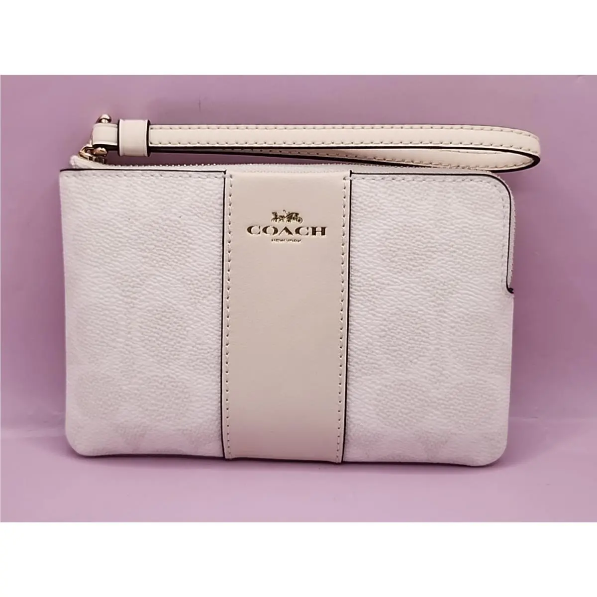 Coach Corner Zip Wrislet Clutch Signature Chalk/glacier White Leather Strap