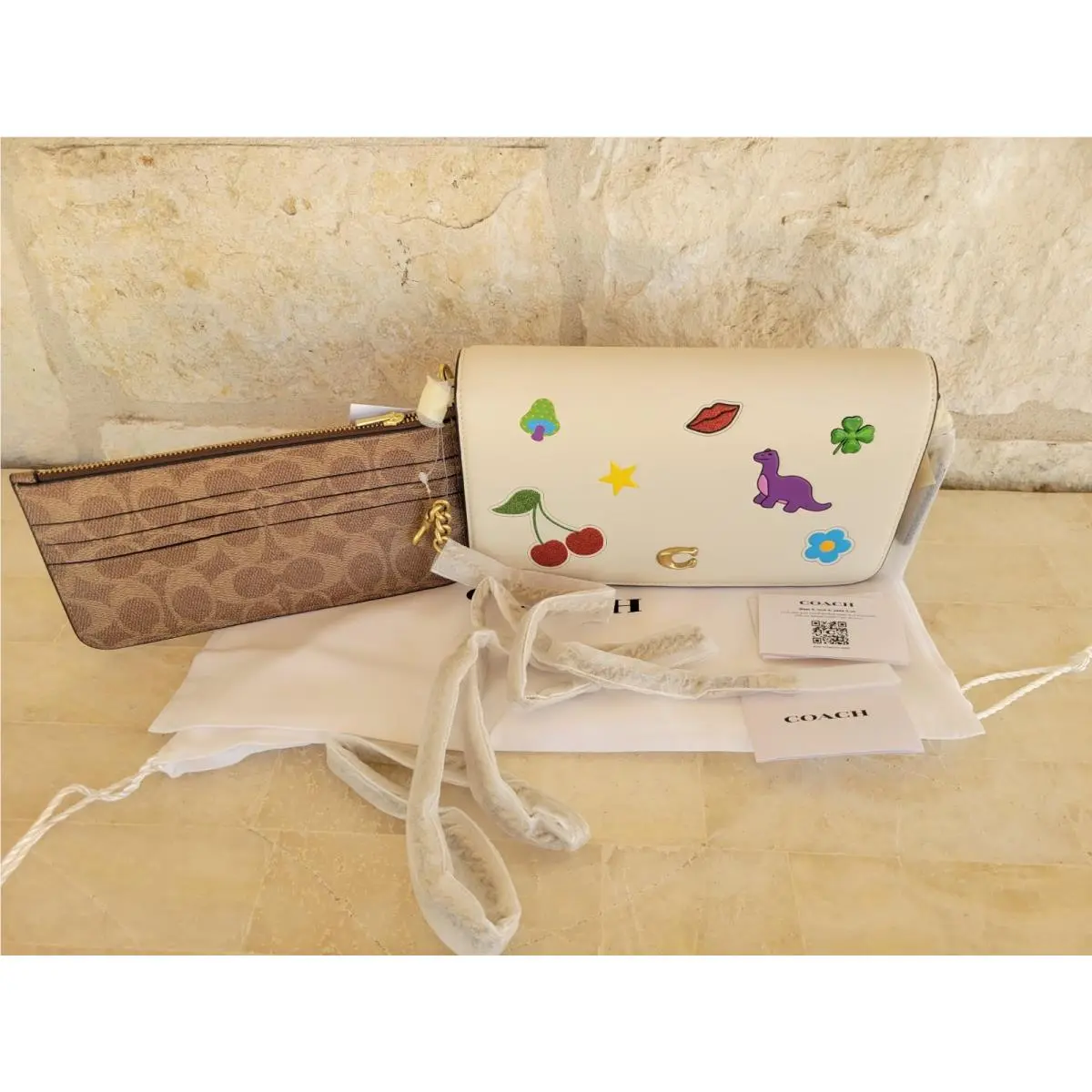Coach Mila Crossbody Bag Pouch Sticker Print Dino Cherry Lips Star Dust Bag