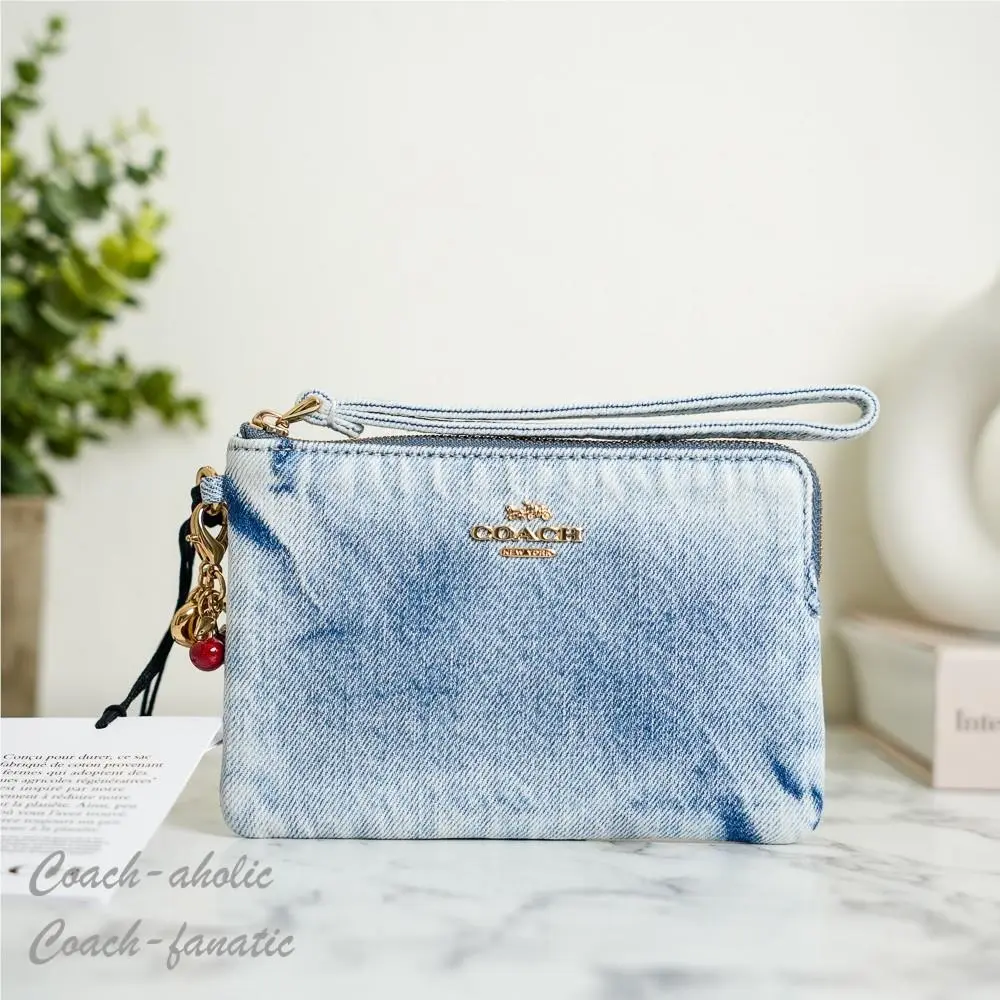 Coach CEF82 Corner Zip Wristlet Loved Denim with Charms Gold/light Indigo
