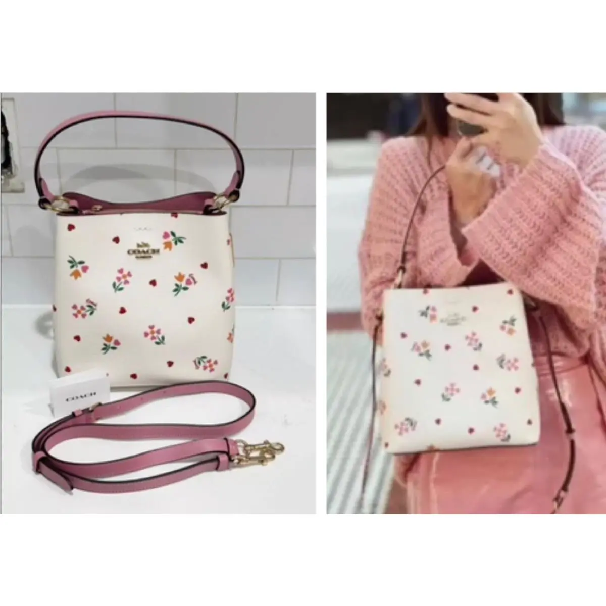 Coach Petal Bouquet Bucket Bag Small Town Heart Chalk Flowers Crossbody Handbag