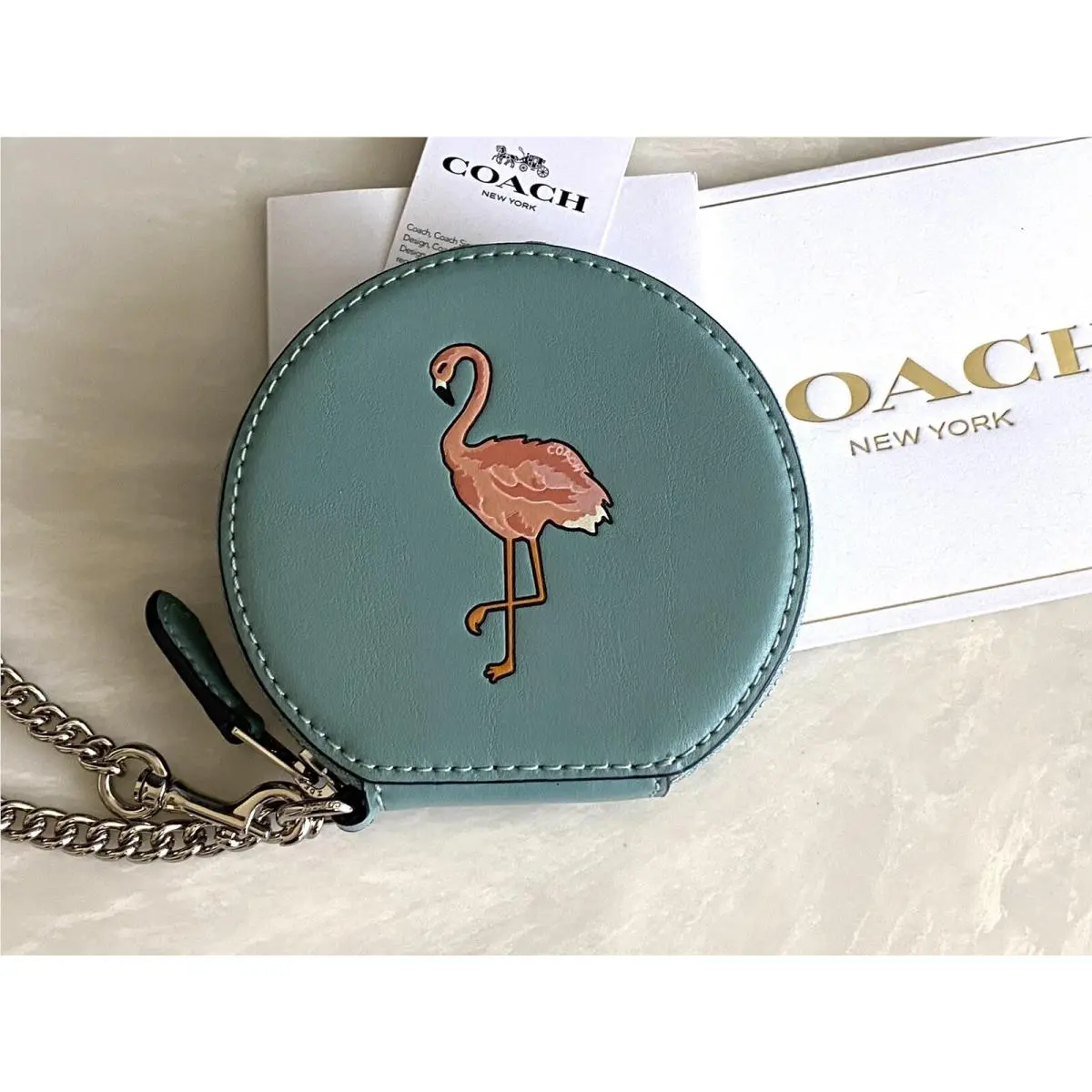 Coach Aquamarine/pink Flamingo Round Leather Coin Case Silver Chain 29322