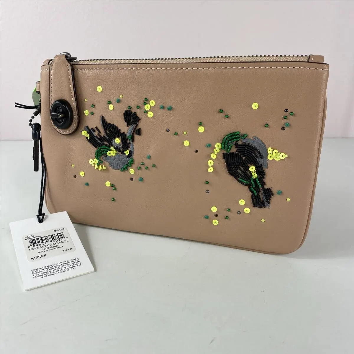 Coach Meadowlark Bird Embellished Wristlet Pink Leather 58733 Turnlock B20