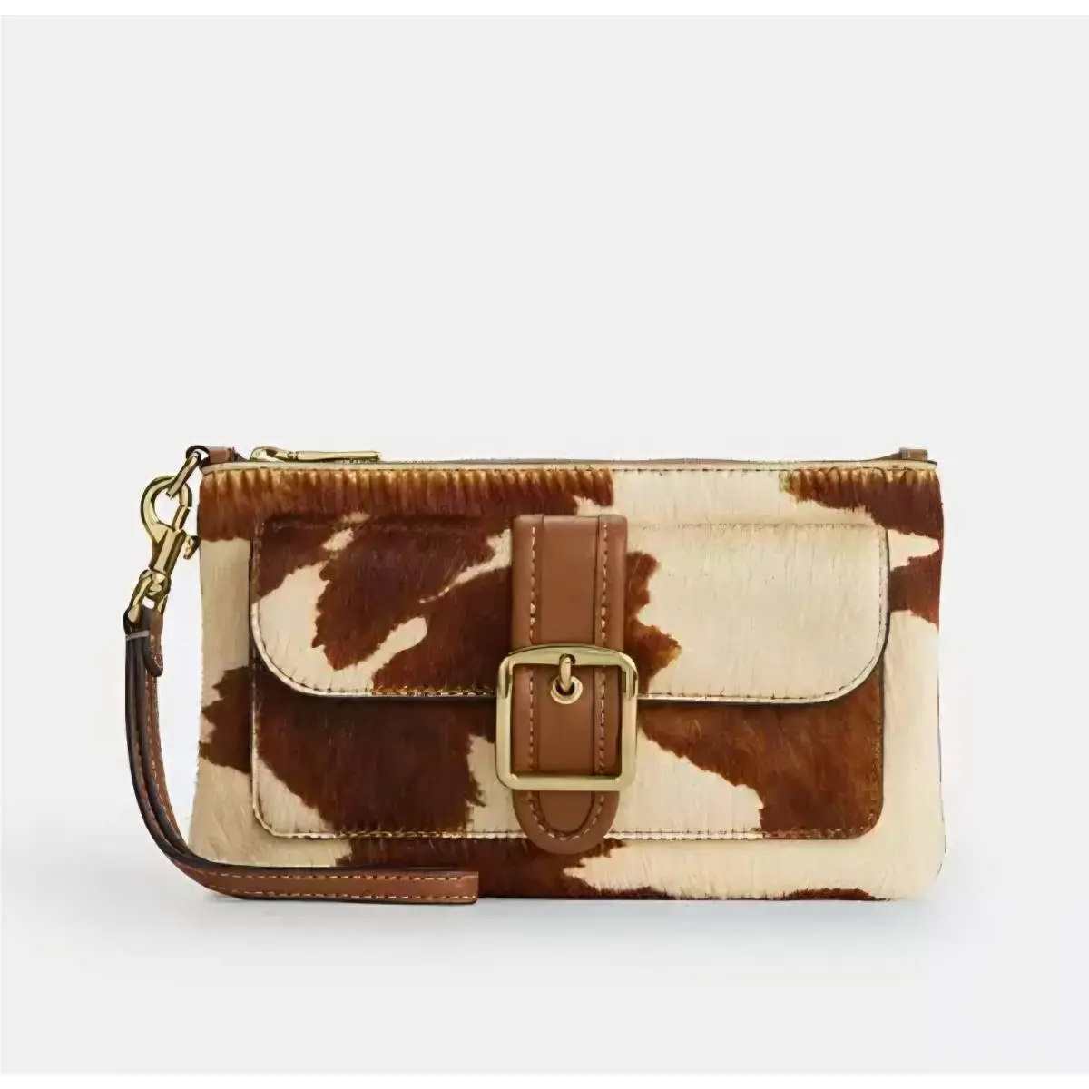 Coach Ashton Wristlet in Haircalf Cow Print Bag CDY07 Gold Cow/multi