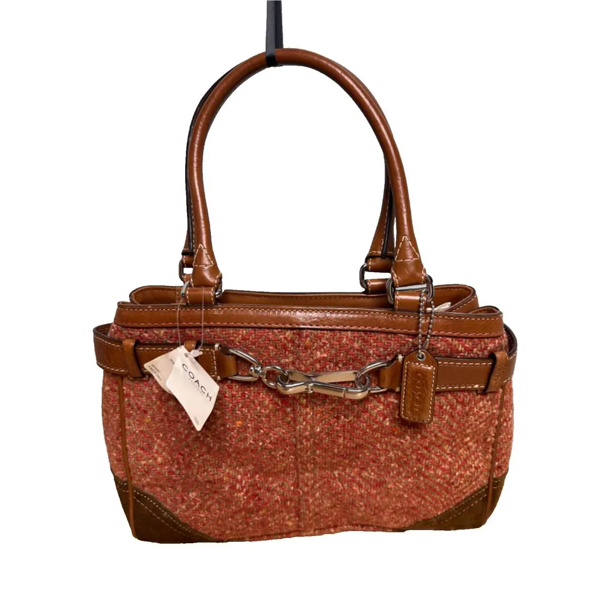 Coach F11215 Pink Tweed Fabric W/brown Leather and Suede Trim Satchel Handbag