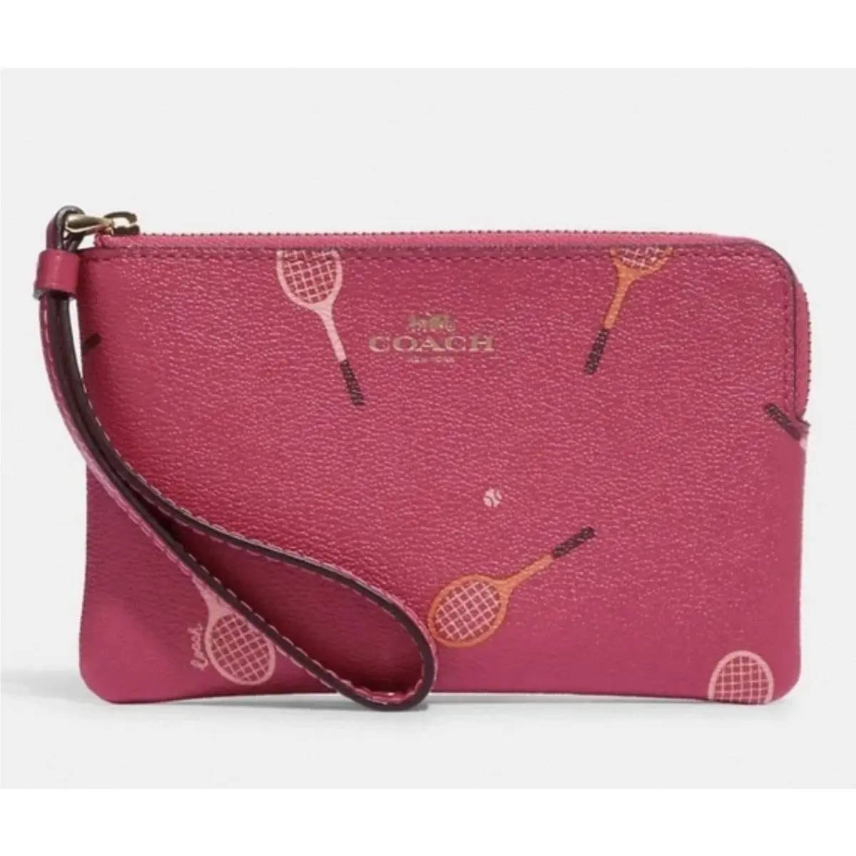Coach Pink Tennis Racket Pattern Women`s Wristlet Wallet Sports Theme