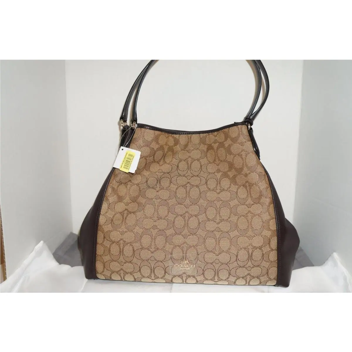 Coach Signature Edie Light Khaki/brown Jacquard/leather Shoulder Bag/purse 33523