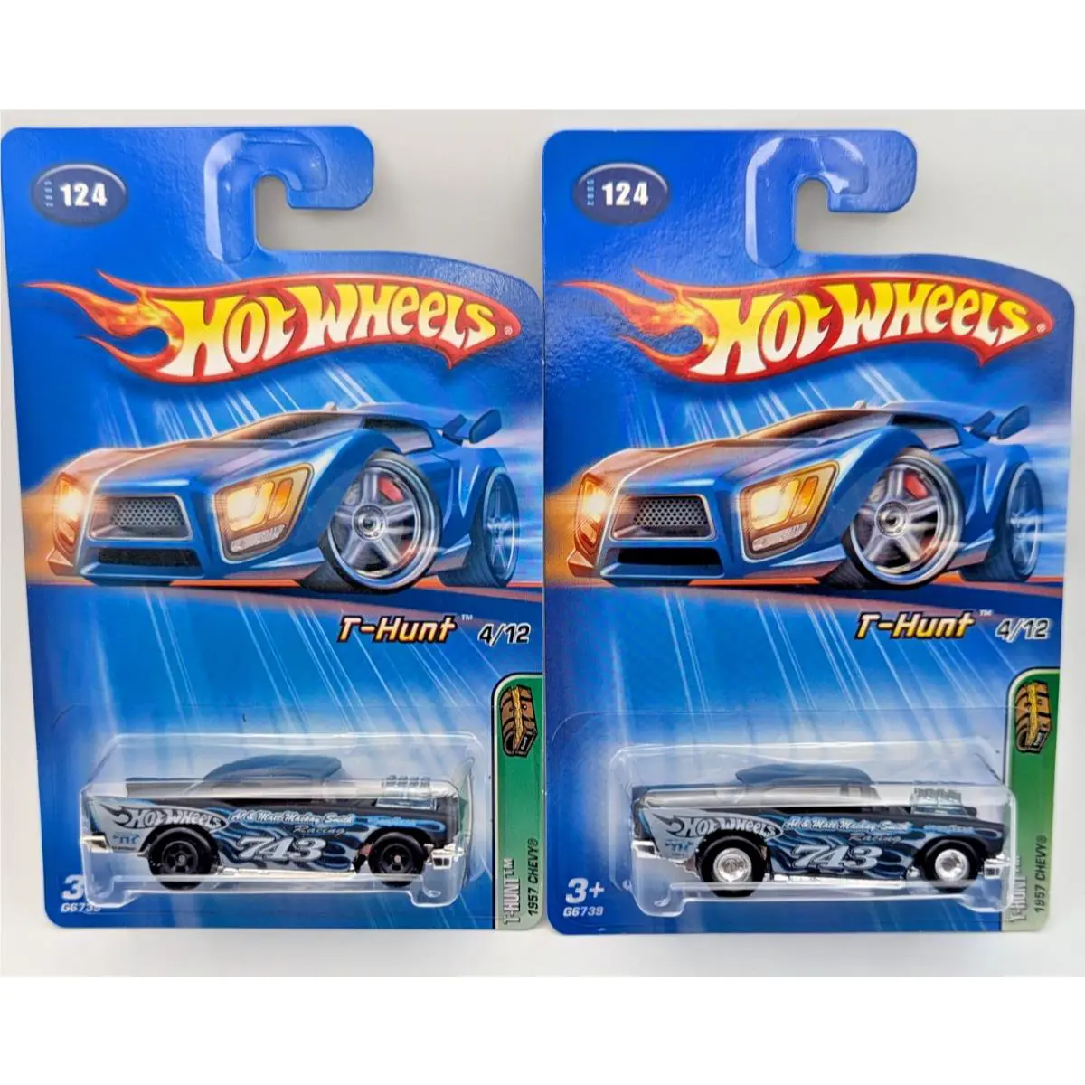 Hot Wheels 2005 T-hunt `57 Chevy 2-Car Set Real Riders Chrome + Black Rims Moc