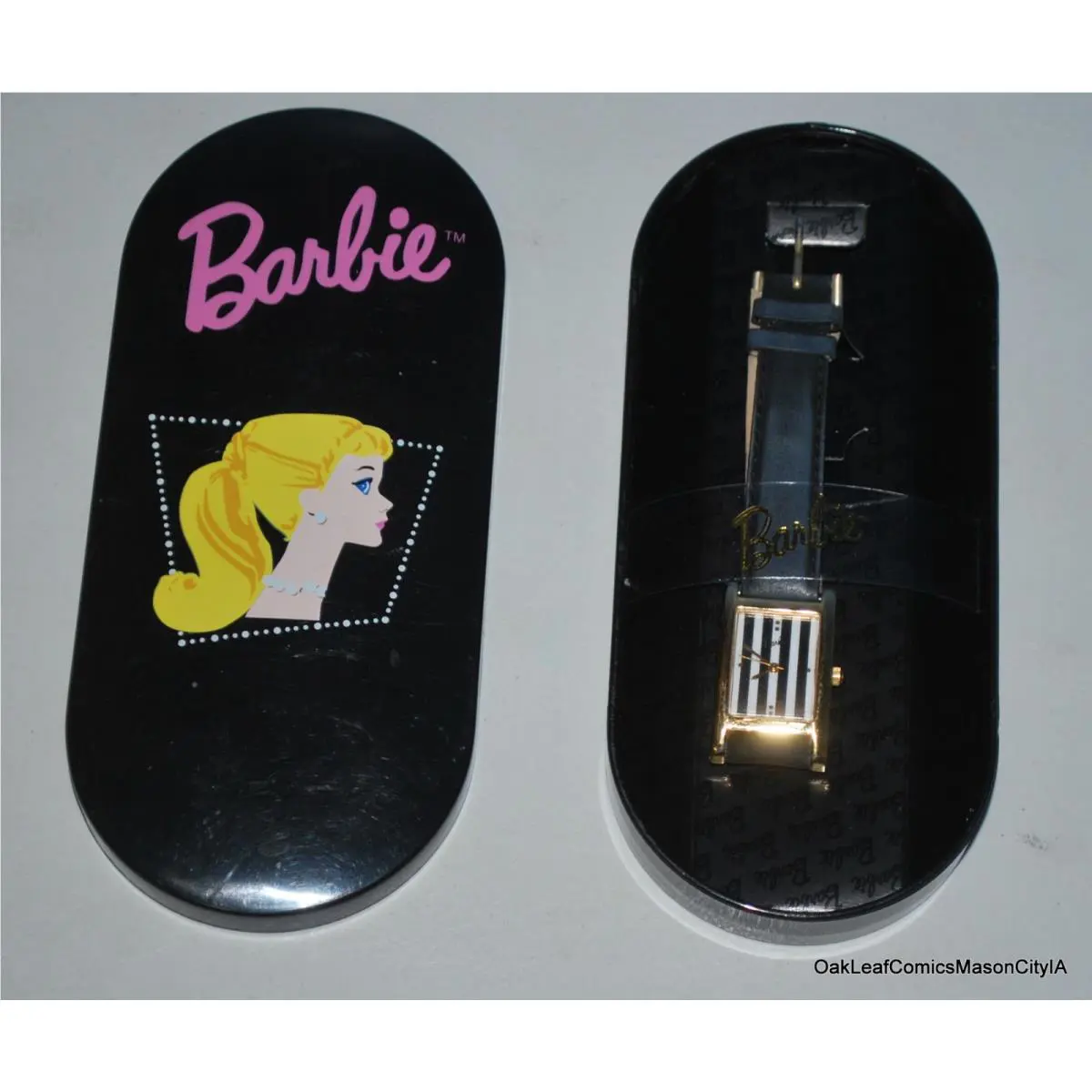 Vintage Barbie Black Stripes Wrist Watch 1996 Leather Band in Package