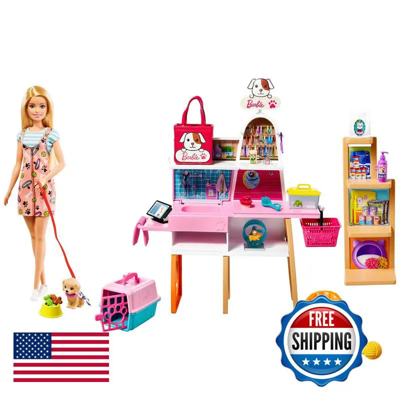 Barbie Doll 11.5-In Blonde and Pet Boutique Playset 4 Pets Color-change