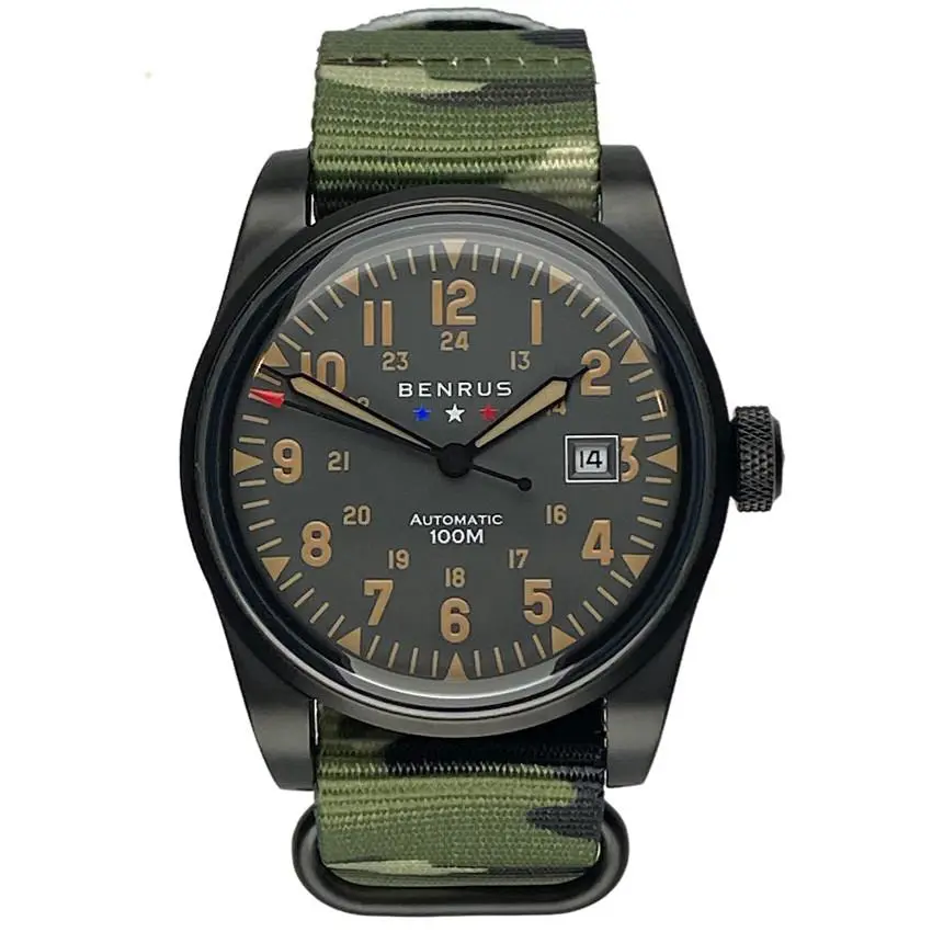 Benrus Field F1-BK-BK-NC Gray Dial Pvd Stainless Steel Date 41MM Men`s Automatic