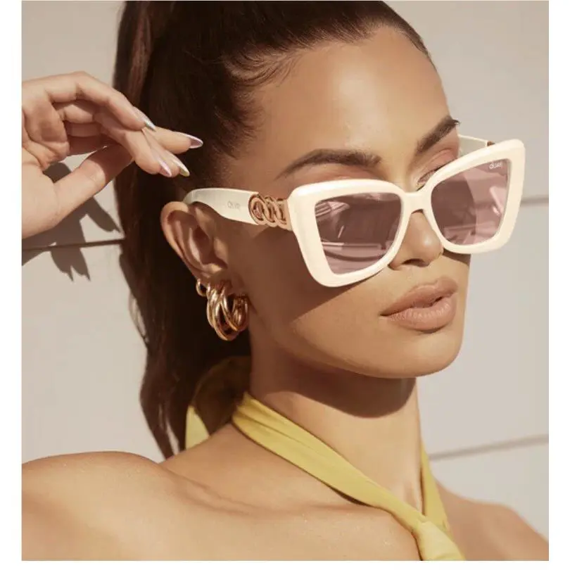 Quay Womens Sunglasses Chain Reaction Mirror Rose Lens Luxe Gold Links Cat Eye
