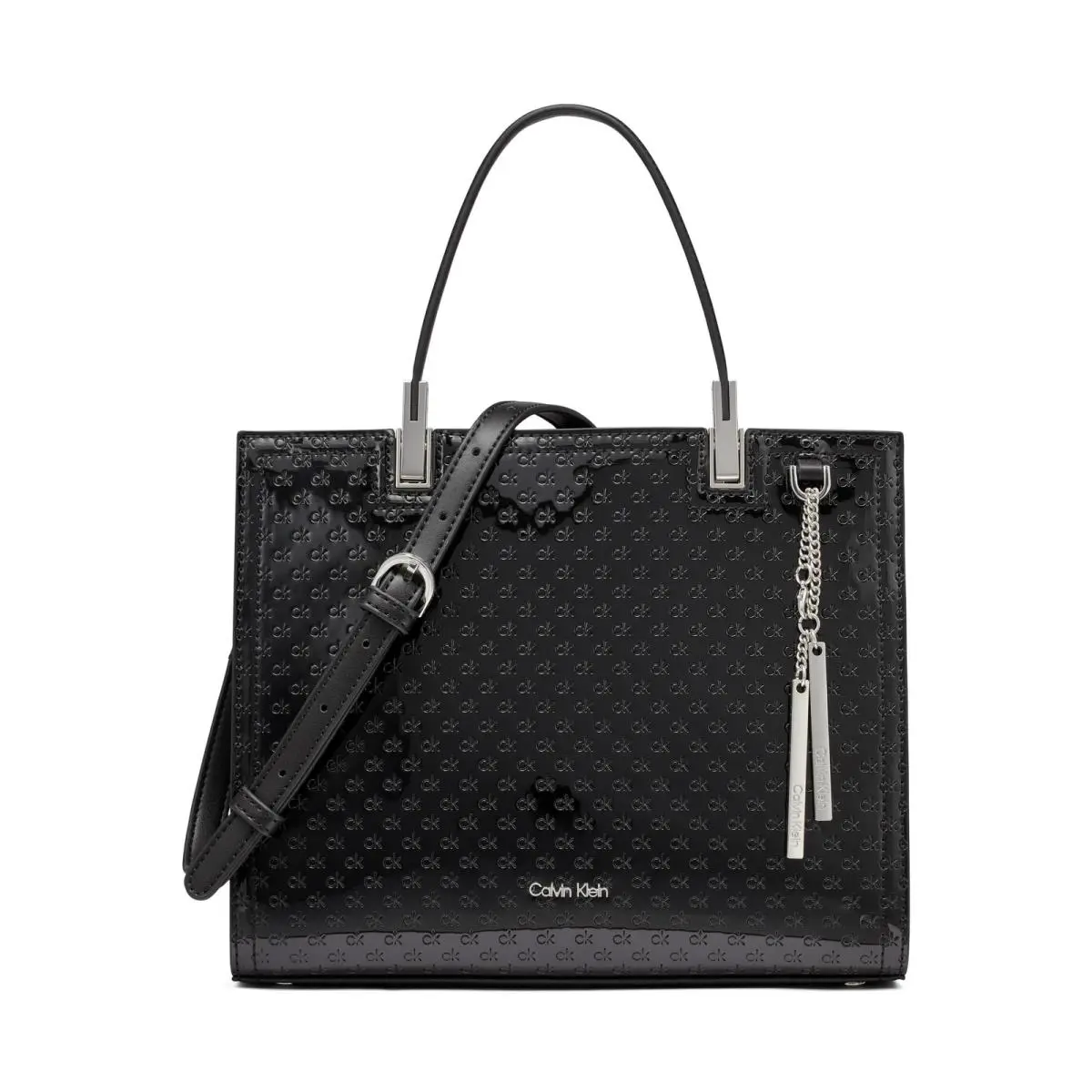 Calvin Klein Verne Triple Compartment Satchel Black/silver Patent Emboss