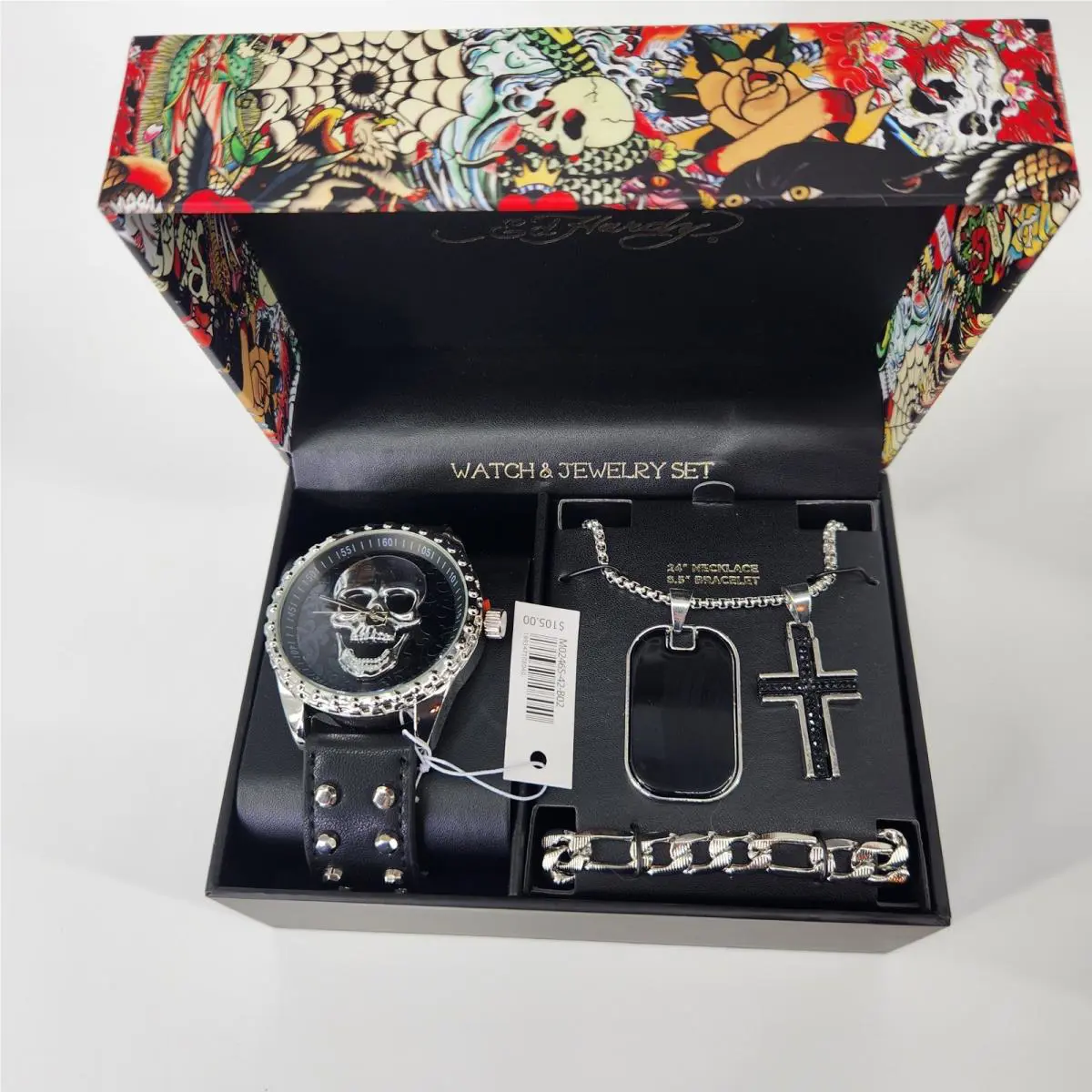 Watch Jewelry Set Skull Dog Tag Cross Necklace Bracelet MO246S-42-B02 by Ed Hardy